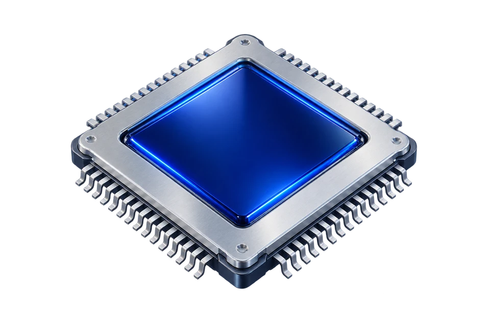 Concept illustration of a silver and cobalt AI microchip