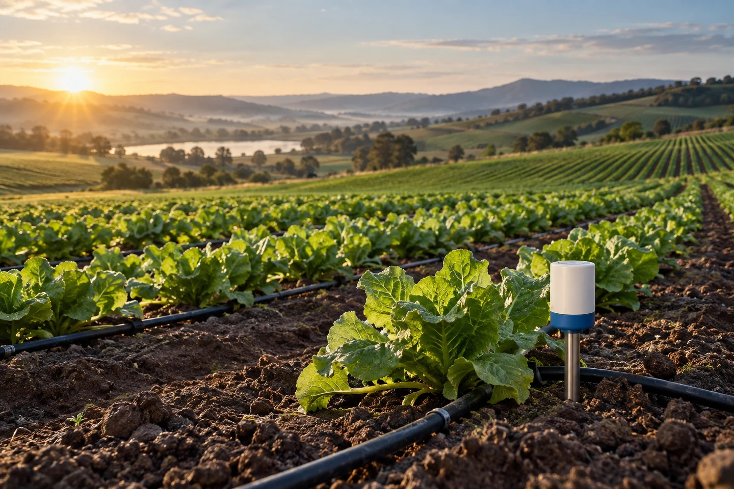 Concept scene of connected soil sensing and irrigation in an agricultural field