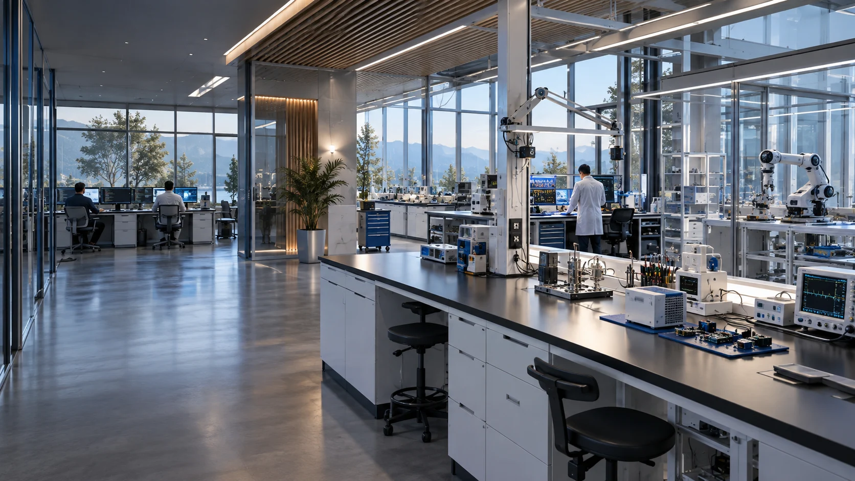 Workspace concept: an expansive engineering laboratory with IoT benches and distant researchers working from behind